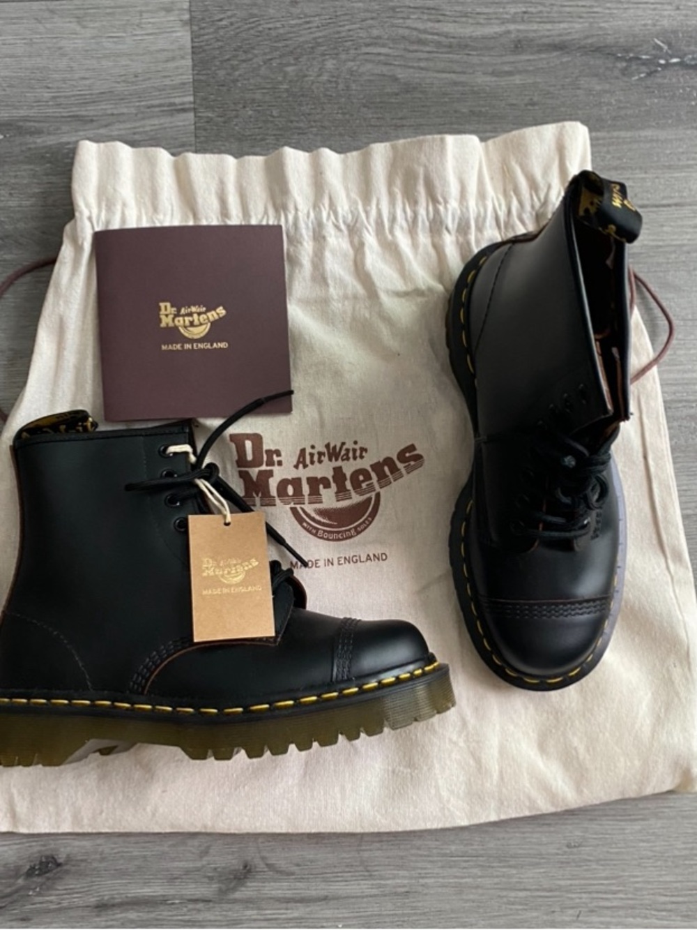 Dr. Martens Black Leather Boots with Yellow Stitching